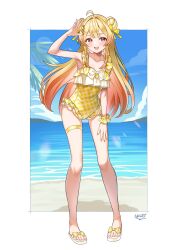 1girl :d ahoge alternate_costume alternate_hairstyle arm_up armpits beach beamed_eighth_notes blonde_hair blue_sky brown_eyes casual_one-piece_swimsuit center-flap_bangs chest_bow cloud commentary_request day double-parted_bangs double_bun eighth_note feet flat_chest fortissimo frilled_one-piece_swimsuit frills full_body gingham_one-piece_swimsuit gradient_hair hair_bun hair_ornament highres hololive hololive_dev_is leaning_forward long_hair looking_at_viewer multicolored_hair musical_note musical_note_hair_ornament ocean one-piece_swimsuit open_mouth orange_hair otonose_kanade outdoors palm_leaf sandals side_up_bun sidelocks single_wrist_cuff sky smile solo standing swimsuit teeth thigh_strap upper_teeth_only very_long_hair virtual_youtuber wrist_cuffs yellow_one-piece_swimsuit yoshidadon