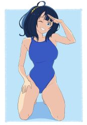 1girl alternate_hairstyle arm_up armpits barefoot blue_eyes blue_hair breasts cleavage feet grin hand_on_own_thigh highres kneeling legs looking_at_viewer make_heroine_ga_oo_sugiru! medium_breasts one-piece_swimsuit one_eye_closed ponytail salute smile solo swimsuit teeth thighs wink yanami_anna