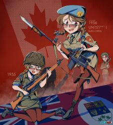 3girls absurdres battle_rifle bayonet beret bolt_action brown_hair canada canadian_flag cold_war em-2 fn_fal gun hat helmet highres holding holding_gun holding_weapon lee-enfield military military_uniform multiple_girls necktie nico_jiang reloading rifle shadow skirt sunglasses we_love_cold_war weapon