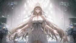 1girl absurdres bianca:_crepuscule_(pgr) bianca_(pgr) blonde_hair breasts circlet cleavage dress flower grey_eyes hair_between_eyes hair_ornament highres indoors large_breasts light_smile long_hair looking_at_viewer official_art open_mouth petals punishing:_gray_raven solo veil very_long_hair white_dress white_flower white_veil