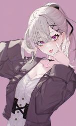 1girl ahoge akanbe black_choker black_ribbon breasts brown_jacket choker cleavage collarbone dress eyelid_pull finger_to_eye fingernails frilled_jacket frills gem grey_hair gurumyuu hair_ornament hair_ribbon hairclip high_ponytail highres holding holding_own_hair jacket lace lace-trimmed_dress lace_trim large_breasts long_hair long_sleeves looking_at_viewer mole mole_under_eye nijisanji open_clothes open_jacket pendant_choker pink_background pink_eyes pink_gemstone ponytail ribbon simple_background smile solo sukoya_kana sukoya_kana_(5th_costume) tongue tongue_out underboob virtual_youtuber white_dress