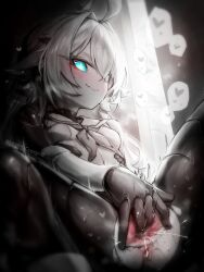 1girl blue_eyes blur_censor censored closed_mouth eudie_(shadowverse) female_masturbation fingering gloves greyscale highres kupa_(jesterwii) long_hair looking_at_viewer masturbation monochrome pussy ralmia_(shadowverse) shadowverse sitting solo