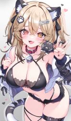 1girl @_@ absurdres animal_ears armpits bare_shoulders bell belt bikini black_bikini black_shorts blonde_hair blush breasts cat_ears cat_tail choker cleavage commentary_request commission cowboy_shot diamond-shaped_pupils diamond_(shape) embarrassed eneru_(enepuni) gradient_hair halterneck hand_up highleg highleg_bikini highres jacket jingle_bell lace_trim large_breasts leaning_forward long_hair long_sleeves looking_at_viewer micro_shorts multicolored_hair nail_polish navel nose_blush off_shoulder open_clothes open_fly open_jacket open_mouth original red_choker red_eyes shorts skeb_commission skindentation smile solo standing stomach string_bikini swimsuit symbol-shaped_pupils tail thigh_belt thigh_gap thigh_strap thighs two_side_up v white_jacket yellow_eyes