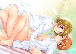 2girls :3 ass blonde_hair blush bottomless breasts closed_mouth green_eyes highres holding_another&#039;s_wrist hoshizora_rin indoors koizumi_hanayo kusui_aruta large_breasts leg_between_thighs looking_at_viewer love_live! love_live!_school_idol_project multiple_girls no_bra no_panties one_eye_closed open_clothes open_mouth open_shirt purple_eyes red_hair shirt short_hair smile white_shirt wink yuri
