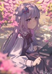 1girl absurdres alternate_costume blurry blurry_foreground book cherry_blossoms closed_mouth collared_shirt colored_inner_hair commentary day dress earrings gem grey_hair hair_flaps highres hololive hololive_english jewel_under_eye jewelry koseki_bijou long_hair long_sleeves looking_at_viewer multicolored_hair neck_ribbon outdoors pebble_(koseki_bijou) pinafore_dress pink_hair puffy_long_sleeves puffy_sleeves purple_dress purple_eyes purple_gemstone purple_ribbon ribbon ricke_2002 shirt sidelocks sitting sleeveless sleeveless_dress smile solo symbol-only_commentary very_long_hair virtual_youtuber white_shirt