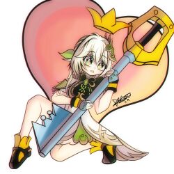 absurdres bird crow dress elkiritgsuwu genshin_impact green_eyes heart highres keyblade kingdom_hearts nahida_(genshin_impact) white_background white_dress white_hair