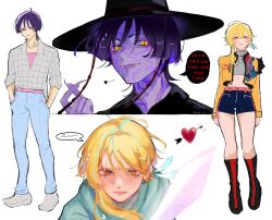 Rule 34 | 1boy, 1girl, alternate eye color, alternate hairstyle, alternate species, anya lolz, aqua hair, aqua hoodie, arrow through heart, belt, black boots, black hanbok, black hat, black shorts, blonde hair, blue feathers, blue pants, blunt ends, boots, brown eyes, character name, closed mouth, collar, colored skin, cosplay, cropped jacket, cropped shirt, crossover, denim, detached sleeves, earrings, english text, fang, feather earrings, feathers, fingernails, gat (hat), genshin impact, glint, grey collar, grey shirt, grey shoes, hair behind ear, hair between eyes, hanbok, hands in pockets, hat, heart, highres, hood, hoodie, jacket, jeans, jewelry, jinu (kpop demon hunters), jinu (kpop demon hunters) (cosplay), knee boots, korean clothes, kpop demon hunters, long sleeves, looking at viewer, lumine (genshin impact), midriff, multicolored hair, necklace, open clothes, open jacket, pants, pink belt, pink sword, pink undershirt, purple eyes, purple hair, purple lips, purple skin, red lips, ribbed collar, rumi (kpop demon hunters), rumi (kpop demon hunters) (cosplay), scaramouche (genshin impact), sharp fingernails, shirt, shoes, short hair, short hair with long locks, short shorts, shorts, sidelocks, single sidelock, smile, speech bubble, split screen, streaked hair, striped clothes, striped shirt, sweatdrop, tassel, tsurime, twitter username, white background, wispy bangs, yellow eyes, yellow jacket, yellow sleeves