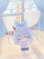 1girl asymmetrical_horns azur_lane balcony black_horns breasts chibi chibi_only closed_eyes crop_top crop_top_overhang curtains dress grey_hair hair_on_horn hakuryuu_(azur_lane) hakuryuu_(four_fine_layers)_(azur_lane) highres horns i_upiyo01 indoors long_hair manjuu_(azur_lane) mismatched_horns official_alternate_costume pink_dress red_horns shirt short_sleeves sleeveless sleeveless_dress solo standing underboob white_hair white_shirt wooden_floor