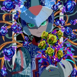 Rule 34 | 1boy, blue helmet, blue robe, commentary request, cyber elf x (mega man), flower, green eyes, halo, helmet, highres, holding, holding flower, male focus, mega man (series), mega man zero (series), natsumi 6021, robe, smile, solo, upper body, x (mega man)