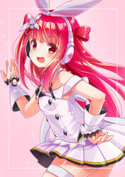 1girl absurdres beatmania_iidx beatmania_iidx_22_pendual bemani bow buttons commentary_request detached_collar double-breasted gear_hair_ornament gears gloves hair_bow headphones highres long_hair looking_at_viewer official_alternate_costume pink_background red_eyes red_hair ribbon sally_(pacch0614) shirt skirt smug solo thigh_strap two_side_up umegiri_ameto white_gloves white_ribbon white_shirt white_skirt