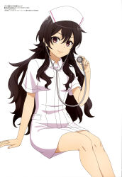Rule 34 | 1girl, absurdres, ameku takao, ameku takao no suiri karte, arm support, artist request, black hair, breasts, brown eyes, closed mouth, collared dress, copyright name, copyright notice, dress, hair between eyes, hat, highres, holding, holding stethoscope, long hair, looking at viewer, magazine scan, megami magazine, nurse, nurse cap, official art, scan, short dress, short sleeves, sidelocks, simple background, sitting, small breasts, smile, solo, stethoscope, wavy hair, white background, white dress
