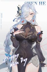 1girl alternate_costume bad_source bare_shoulders black_dress blue_eyes blue_nails braid breasts bullet-jiechan character_name china_dress chinese_clothes cleavage closed_mouth dated detached_sleeves dress earrings english_text genshin_impact grey_hair hair_ornament hair_over_one_eye hand_on_own_chest highres jewelry large_breasts long_hair looking_at_viewer low-braided_long_hair low-tied_long_hair multicolored_eyes official_alternate_costume shenhe_(frostflower_dew)_(genshin_impact) shenhe_(genshin_impact) smile solo tassel tassel_earrings very_long_hair yellow_eyes