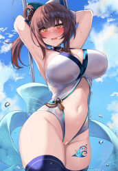 1girl armpits arms_behind_head arms_up bar_censor bashamichi_hagemi blue_thighhighs blush bow breasts brown_hair censored crotchless crotchless_bikini gear_hair_ornament hair_bow hair_rings highres indie_virtual_youtuber kutan large_breasts leg_tattoo long_hair looking_at_viewer navel open_mouth outdoors outline purple_outline solo tattoo thighhighs yellow_eyes