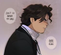 1boy angry beard_stubble black_coat black_hair bobby_(kpop_demon_hunters) coat english_text facial_hair glaring highres kpop_demon_hunters looking_to_the_side male_focus rorokonaa speech_bubble stubble sweater white_sweater