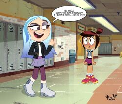 2girls andrea_davenport artist_name blue_hair brown_hair commentary english_commentary english_text highres indoors joseartcentenoofficial long_hair molly_mcgee multiple_girls pantyhose short_hair signature speech_bubble the_ghost_and_molly_mcgee very_long_hair