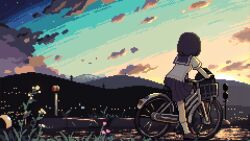 1girl animated animated_gif bicycle bicycle_basket black_skirt original outdoors oyuzaki_(ayuzaki) pixel_art pleated_skirt school_uniform skirt socks solo sunset white_socks