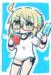 1girl ahoge artoria_pendragon_(fate) bikini bikini_under_clothes black_bikini blonde_hair blue_background braid brown_eyes chibi commentary_request cup disposable_cup drinking_straw fate/grand_order fate_(series) food glasses hair_bun holding holding_cup holding_food kasuga_yuuki mysterious_heroine_x_alter_(fate) orange-tinted_eyewear outline popsicle semi-rimless_eyewear shirt short_sleeves side-tie_bikini_bottom solo swimsuit tinted_eyewear under-rim_eyewear white_outline white_shirt
