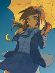 1girl blazer blue_background blue_flower blue_jacket blue_necktie blue_skirt brown_hair buttons cellphone character_request closed_mouth collared_shirt cowboy_shot dot_nose expressionless floating_clothes floating_hair flower frown hair_flower hair_ornament hair_over_shoulder highres holding holding_phone holding_umbrella jacket long_hair long_sleeves low_twintails miniskirt necktie office_lady open_clothes open_jacket papa_louie_(series) phone pleated_skirt purple_eyes shirt simple_background skirt smartphone solo standing striped_necktie sunflowerlms talking_on_phone twintails umbrella umbrella_over_shoulder white_shirt wind yellow_umbrella