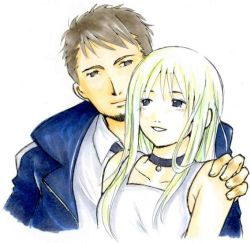 blonde_hair brown_eyes brown_hair choker cing dress formal_clothes grey_eyes hotel_dusk kyle_hyde mila_evans sleeveless sleeveless_dress smile suit white_hair