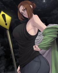 Rule 34 | 1girl, absurdres, breasts, brown hair, denim, hair bun, highres, hood, hoodie, jacket, jeans, kaii to otome to kamikakushi, limn044, moon, moonlight, night, night sky, ogawa sumireko, pants, short eyebrows, single hair bun, sky