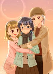 3girls absurdres aqua_coat black_bow black_pants black_scarf blue_eyes blue_hair blue_hairband blue_ribbon blush bob_cut bow braid brown_coat brown_hair brown_shirt brown_skirt center-flap_bangs coat colored_inner_hair commentary_request cowboy_shot diagonal_bangs dollchestra ear_piercing embarrassed frown group_hug hair_bow hair_ornament hair_ribbon hairband hand_on_another&#039;s_head headpat highres hug inverted_bob kachimachi_kosuzu kachimachi_kosuzu_(winter_casual) link!_like!_love_live! long_hair long_sleeves looking_at_another love_live! low_twintails multicolored_hair multiple_girls murano_sayaka murano_sayaka_(winter_casual) nose_blush open_clothes open_coat pants piercing pink_coat pleated_skirt red_eyes red_hair ribbon scarf shirt short_hair side_braids skirt star_(symbol) star_hair_ornament straight_hair streaked_hair twintails virtual_youtuber white_hair yugiri_tsuzuri yugiri_tsuzuri_(winter_casual) yuki_tomosa_ngo