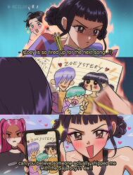 Rule 34 | 2boys, 2girls, baby, baby (kpop demon hunters), black hair, bobby (kpop demon hunters), cilorine, drawing (object), earrings, english text, heart, highres, jewelry, kpop demon hunters, mira (kpop demon hunters), multiple boys, multiple girls, mystery (kpop demon hunter), pencil, phone, pink hair, zoey (kpop demon hunters)
