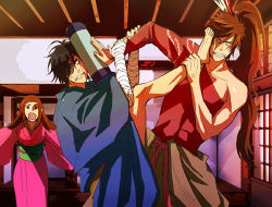 1girl 2boys bandaged_arm bandages bare_shoulders barefoot black_hair blunt_bangs brown_hair clenched_teeth clothes_around_waist collarbone date_masamune_(sengoku_basara) eyepatch foot_on_another&#039;s_face indoors japanese_clothes kimono long_hair long_sleeves lowres maeda_keiji maeda_keiji_(sengoku_basara) matsu_(sengoku_basara) multiple_boys one_eye_covered open_mouth pink_kimono ponytail sengoku_basara shaded_face teeth wide_sleeves