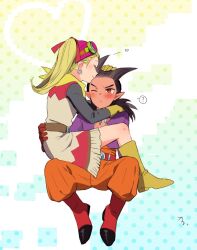 Rule 34 | 1boy, 1girl, ?, belt, black sleeves, blonde hair, blush, boots, brown belt, brown hair, closed eyes, commentary request, couple, dark-skinned male, dark skin, dragon quest, dragon quest builders 2, dress, earrings, female builder (dqb2), fringe trim, gloves, goggles, goggles on headwear, hair horns, hair ribbon, hairband, hand on another&#039;s back, hand on another&#039;s head, hand on another&#039;s shoulder, heart, hetero, hoop earrings, invisible chair, jewelry, kiss, kissing forehead, kotone ranmaru, looking to the side, low ponytail, neckerchief, necklace, one eye closed, open clothes, open shirt, orange pants, pants, pointy ears, ponytail, profile, purple shirt, red belt, red boots, red dress, red eyes, red gloves, red hairband, red ribbon, ribbon, shirt, sidoh (dqb2), silver earrings, sitting, sitting on lap, sitting on person, skull belt, smile, speech bubble, spiked hair, spoken question mark, tears, tooth necklace, twintails, two-tone dress, white background, white dress, yellow boots, yellow gloves, yellow neckerchief