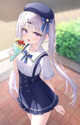 1girl beret blue_bow blue_bowtie blue_hat blue_skirt blush bow bowtie collared_shirt commentary_request commission cowboy_shot crepe day food frilled_skirt frills grey_hair hat highres holding holding_food long_hair looking_at_viewer open_mouth original outdoors shirt short_sleeves skeb_commission skirt solo suspender_skirt suspenders suyamori twintails white_shirt