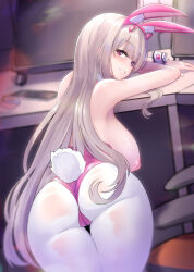 1girl alternate_costume animal_ears ass ass_focus bare_shoulders blush breasts breasts_out brown_hair cameltoe come_hither fake_animal_ears fake_tail from_behind goddess_of_victory:_nikke kazukoto large_breasts leotard long_hair looking_at_viewer looking_back naughty_face nipples official_alternate_costume pantyhose parted_lips playboy_bunny rabbit_ears rabbit_tail red_eyes sideboob smile solo tail thick_thighs thighs very_long_hair viper_(nikke) viper_(toxic_rabbit)_(nikke)