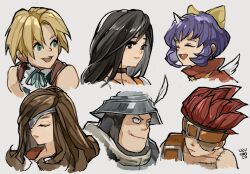 3boys 3girls adelbert_steiner armor beatrix_(ff9) belt black_hair blank_(ff9) blonde_hair blue_eyes bow brown_eyes brown_hair burmecian choker closed_eyes commentary_request eiko_carol eyepatch facial_hair final_fantasy final_fantasy_ix garnet_til_alexandros_xvii hair_bow hat_feather helmet highres horns lipgloss long_hair low_ponytail multiple_boys multiple_girls open_mouth ponytail portrait purple_hair red_hair short_hair single_horn smile spiked_hair stubble uzutanco vest yellow_bow zidane_tribal