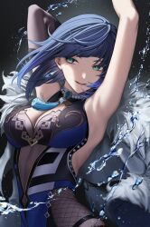 1girl :d armpits arms_up black_gloves black_hair blue_hair blunt_bangs breasts cleavage cleavage_cutout clothing_cutout coat unworn_coat dice earrings elbow_gloves fur-trimmed_coat fur_trim genshin_impact gloves gradient_hair green_eyes highres jewelry large_breasts looking_at_viewer mole mole_on_breast multicolored_hair open_mouth roki_(shouka65) short_hair single_glove smile solo tassel upper_body water yelan_(genshin_impact)