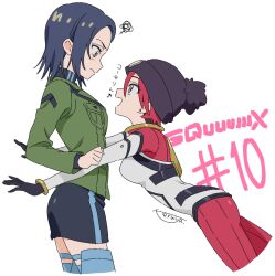2girls amate_yuzuriha aqua_eyes beanie black_hair blush comoli_harcourt cropped_legs episode_number gundam gundam_gquuuuuux hat highres jacket long_sleeves mecha_pilot_suit military_jacket military_uniform mole mole_under_eye multiple_girls open_mouth pom_pom_(clothes) pom_pom_beanie red_hair short_hair simple_background skirt smile sweatdrop teruya_(6w6y) white_background yellow_eyes