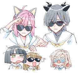 Rule 34 | 5girls, :d, ahoge, animal ear hairband, animal ears, anyoji hime, black hair, blue neckerchief, blunt bangs, blunt ends, blush, bob cut, breasts, brown hair, cat ear hairband, cat ears, ceras yanagida lilienfeld, coke-bottle glasses, cropped shoulders, d:, demon horns, dress, fake animal ears, fake horns, fake nose, glasses, green eyes, grey hair, hair intakes, hair ornament, hair ribbon, hairband, hasu no sora school uniform, heart, heart ahoge, highres, horns, kachimachi kosuzu, katsuragi izumi, link! like! love live!, long hair, loose hair strand, love live!, momose ginko, multi-tied hair, multiple girls, neckerchief, offering hand, open mouth, orange eyes, pink hair, pink ribbon, ponytail, ribbon, sailor collar, sailor dress, school uniform, short hair, side ahoge, sidelocks, smile, summer uniform, sunglasses, triangle hair ornament, v-shaped eyebrows, virtual youtuber, white dress, white sailor collar, wolf cut, zangemiya