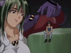 1boy 1girl animated animated_gif anime_screenshot emilia_jenius giant giantess green_hair macross macross_7 macross_7:_the_galaxy_is_calling_me mecha_pilot_suit nekki_basara size_difference smile