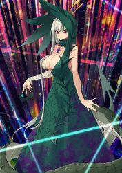1girl arm_at_side biscione_(fate) biscione_(third_ascension)_(fate) breasts chest_jewel choker cleavage closed_mouth crown dot_mouth dragon_tail dress expressionless fate/grand_order fate_(series) fingernails game_cg green_choker green_dress green_tail hand_up hood hood_up hooded_dress imigimuru large_breasts long_dress long_hair long_sidelocks looking_at_viewer mini_crown official_art purple_nails red_eyes sidelocks single_sidelock solo standing tail third-party_source two-tone_dress variant_set very_long_hair very_long_sidelocks white_hair white_scales