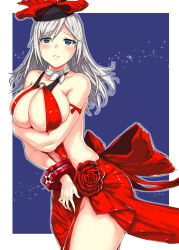1girl alisa_ilinichina_amiella alternate_costume arm_under_breasts bare_shoulders black_hat blue_background blue_eyes blush border breasts comiket_97 commentary_request cowboy_shot dress god_eater grey_hair hat highres large_breasts lithiumia long_hair looking_at_viewer o-ring outside_border parted_lips red_dress red_hat revealing_clothes solo standing teeth two-tone_headwear white_border
