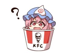 1girl :d ? blue_hat blush_stickers bucket hair_between_eyes hat highres in_bucket in_container kfc mob_cap open_mouth pink_eyes pink_hair saigyouji_yuyuko shitacemayo short_hair simple_background smile solo touhou triangular_headpiece white_background