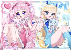 &gt;_&lt; :&lt; :3 :d aozora_himari bare_arms blonde_hair blue_boots blue_bow blue_choker blue_eyes blue_outline blue_shirt blue_shorts blush_stickers boots bow bracelet choker commentary dot_nose dress drill_hair frills hair_bow hand_up highres himitsu_no_aipri holding holding_hands holding_stuffed_toy hoshikawa_mitsuki jewelry light_blush long_hair open_mouth outline pink_bow pink_outline pink_shoes pq_(pq_owo) pretty_series prineko priusa purple_eyes shirt shoes short_dress short_shorts shorts sidelocks smile star_(symbol) star_in_eye straight_hair stuffed_animal stuffed_toy symbol-only_commentary symbol_in_eye twin_drills v-shaped_eyebrows white_outline wrist_bow