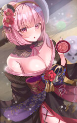 1girl alcohol bare_shoulders black_kimono blunt_bangs breasts choko_(cup) cleavage commentary commentary_request cup detached_collar english_commentary flower fox_mask from_above hair_flower hair_ornament highres hololive hololive_english japanese_clothes kimono large_breasts looking_at_viewer mask mixed-language_commentary mori_calliope mori_calliope_(new_year) new_year off_shoulder official_alternate_costume official_alternate_hair_length official_alternate_hairstyle pink_eyes pink_hair porch sakazuki sake short_hair sitting skull solo veranda virtual_youtuber zacky