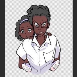 ._. 1boy 1girl baby boots brother_and_sister carrying curious dark_skin glasses grey_eyes gyosone holding original piggyback siblings toddler unfinished