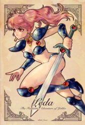Rule 34 | 1girl, angie (kani-ga-tobuna), armor, armored boots, asagiri youko, bikini, bikini armor, blue bikini, blue boots, boots, closed mouth, feet out of frame, gem, genmu senki leda, high heel boots, high heels, highres, holding, holding sword, holding weapon, knee boots, navel, pauldrons, pink hair, red eyes, running, sepia, shoulder armor, shoulder pads, solo, swimsuit, sword, upper body, vambraces, weapon