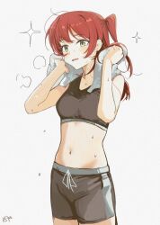 1girl black_shorts black_sports_bra blush bocchi_the_rock! commentary green_eyes haidao_mao highres kita_ikuyo long_hair navel one_side_up open_mouth red_hair shorts simple_background solo sports_bra stomach white_background