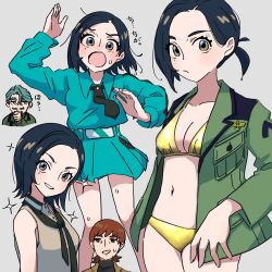 Rule 34 | 1girl, 2boys, alternate hairstyle, aqua hair, aqua shirt, aqua skirt, bikini, black eyes, black hair, black necktie, blush, breast pocket, breasts, challia bull, cleavage, collarbone, commentary request, comoli harcourt, cowboy shot, facial hair, gold bikini, green jacket, gundam, gundam gquuuuuux, hand on own chin, highres, jacket, long sleeves, looking at viewer, medium breasts, mole, mole under eye, multiple boys, multiple views, mustache, navel, necktie, pocket, shirt, short hair, skirt, sleeveless, smile, sweat, sweatdrop, swimsuit, swimsuit under clothes, teeth, translation request, upper teeth only, xavier olivette, xoo (x)