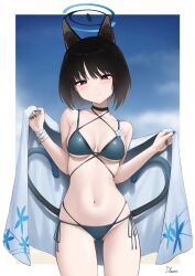 Rule 34 | 1girl, animal ears, bakeneko, bikini, black eyes, black nails, black tail, blue archive, blue bikini, blue halo, blue haori, blue tail, breasts, cat ears, cat girl, cat tail, criss-cross straps, driftkingtw, gradient tail, halo, haori, highres, japanese clothes, kikyou (blue archive), kikyou (swimsuit) (blue archive), layered bikini, looking at viewer, medium breasts, multi-strapped bikini bottom, multiple tails, navel, official alternate costume, short hair, smile, solo, standing, swimsuit, tail, two tails