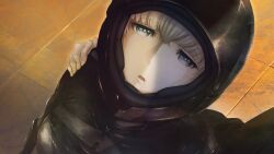 Rule 34 | 1boy, 1girl, amane yuki, black jacket, black shirt, black suit, bleeding, blood, blood from mouth, blue eyes, bodysuit, brown hair, dying, fingernails, formal clothes, game cg, helmet, highres, huke, jacket, leather, leather jacket, looking at viewer, lying, motorcycle helmet, non-web source, official art, okabe rintarou, okabe rintarou (beta), open mouth, outdoors, pov, pov hands, ringed eyes, rooftop, shirt, skin tight, spoilers, steins;gate, steins;gate 0, suit, sunset, tile floor, tiles, upper body