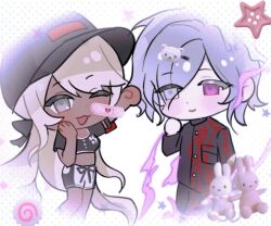 1boy 1girl black_shirt black_shorts chibi chibi_only closed_mouth colored_eyelashes crop_top dark-skinned_female dark_skin fire grey_eyes hand_up hetero kawana_tsubasa multicolored_shorts one_eye_closed open_mouth pink_eyes pink_fire shion_(hundred_line) shirt shorts simple_background smile standing stuffed_animal stuffed_rabbit stuffed_toy the_hundred_line_-last_defense_academy- white_background white_eyes white_shorts wink