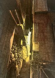 Rule 34 | absurdres, alley, apartment, building, cable, electric panel, highres, ibsukionsen, landscape, monochrome, no humans, original, road, scenery, shadow, street, sunlight, tile wall, tiles, window, yellow theme