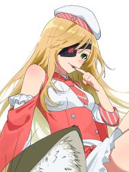 Rule 34 | 1girl, apron, beret, blonde hair, cat, chocolate on hand, commentary, dress, english commentary, eyepatch, food on hand, green eyes, harumi61, hat, highres, licking, licking finger, long hair, looking at viewer, maid apron, mini person, official alternate costume, othinus, pink dress, sitting on animal, smile, solo, toaru majutsu no index, toaru majutsu no index: new testament, white background, white hat
