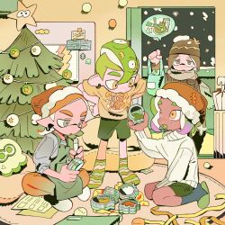 1other 3boys analogous_colors apron bag bakori514_(h_akka) between_legs brown_hat christmas christmas_tree colored_tongue dark-skinned_male dark_skin dot_nose green_apron green_hair green_shorts green_slippers green_socks green_tongue grey_sweater hand_between_legs hands_on_own_hips hat highres holding holding_bag image_in_speech_bubble indian_style indoors inkling inkling_boy inkling_player_character kneeling leaning_forward limited_palette male_focus mole mole_under_eye multiple_boys night nintendo octoling octoling_boy octoling_player_character on_floor open_door orange_hat orange_pants pants plastic_bag print_shirt rug santa_hat scarf shirt shorts sitting sleeves_pushed_up slippers snowing socks splatoon_(series) spoken_food standing sticky_note striped_clothes striped_socks sweater turtleneck turtleneck_sweater umbrella white_sweater yellow_eyes yellow_shirt
